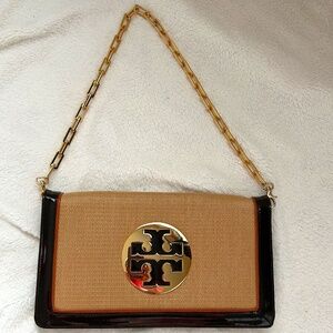 Tory Burch Straw Saddle Reva Clutch 12"x7"